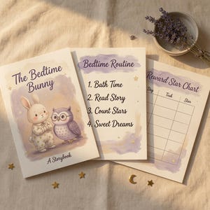 Puede incluir: Tres tarjetas impresas que incluyen un libro de cuentos titulado The Bedtime Bunny con una ilustración de conejo y búho, una lista de rutina de dormir con cuatro pasos y una tabla de recompensas con columnas para día, tarea y estrella.