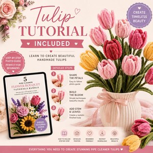 Pipe Cleaner Flower Bouquet Tutorials Bundle | 5 DIY Rose, Tulip, Daisy, Sunflower & Lavender Flowers | Visual Guide + Craft Workbook PDF image 4