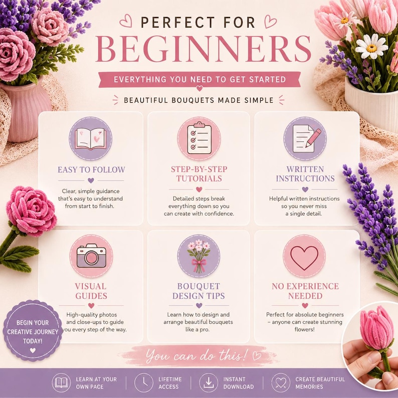 May include: A craft tutorial graphic titled PERFECT FOR BEGINNERS with text EVERYTHING YOU NEED TO GET STARTED and BEAUTIFUL BOUQUETS MADE SIMPLE. It features six icons with descriptions for tutorials, written instructions, and design tips.