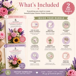 Pipe Cleaner Flower Bouquet Tutorials Bundle | 5 DIY Rose, Tulip, Daisy, Sunflower & Lavender Flowers | Visual Guide + Craft Workbook PDF image 2