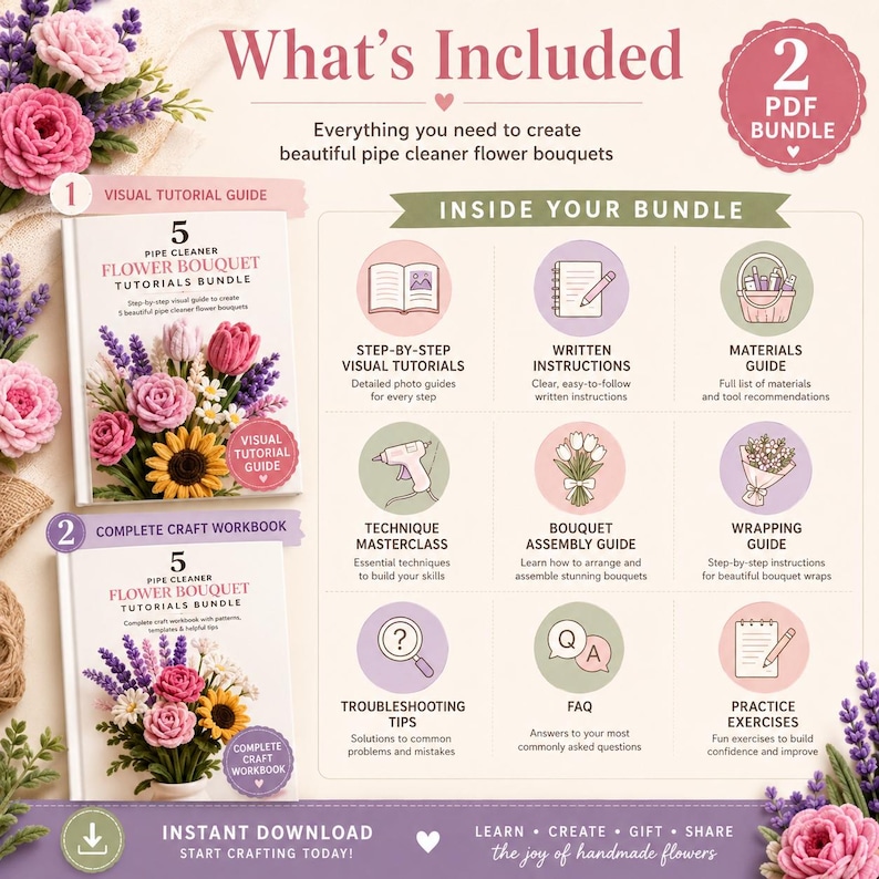 Pipe Cleaner Flower Bouquet Tutorials Bundle | 5 DIY Rose, Tulip, Daisy, Sunflower & Lavender Flowers | Visual Guide + Craft Workbook PDF image 2