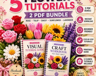 Pipe Cleaner Flower Bouquet Tutorials Bundle | 5 DIY Rose, Tulip, Daisy, Sunflower & Lavender Flowers | Visual Guide + Craft Workbook PDF