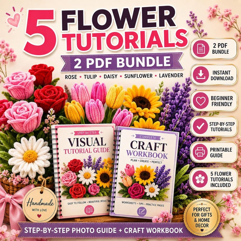 May include: A 2 PDF bundle featuring 5 flower tutorials for rose, tulip, daisy, sunflower, and lavender. Includes a visual tutorial guide and a complete craft workbook with step-by-step instructions, printable pages, and beginner-friendly content.
