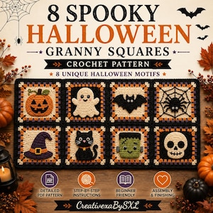 May include: A digital crochet pattern titled 8 Spooky Halloween Granny Squares featuring eight square motifs with Halloween designs including a pumpkin, ghost, bat, spider, witch hat, black cat, Frankenstein monster, and a skull.