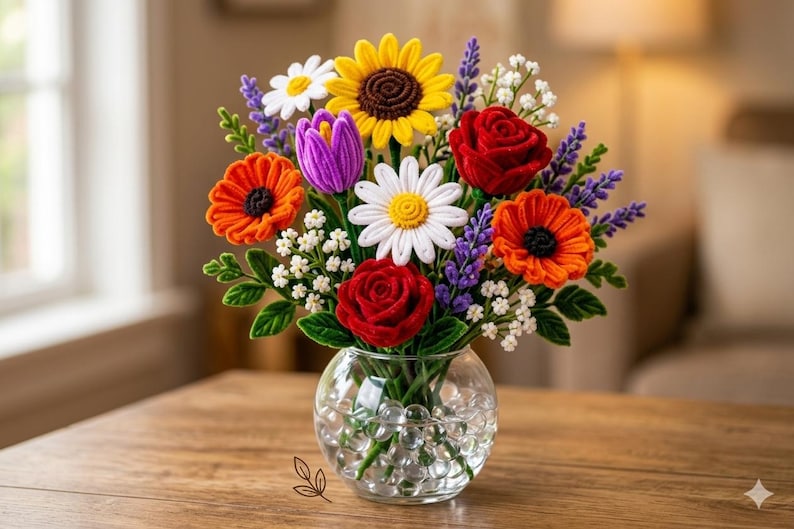 May include: A vibrant bouquet of handmade felt flowers in a clear glass vase. The arrangement includes sunflowers, daisies, poppies, roses, and lavender. The vase sits on a wooden table, creating a colorful floral display.