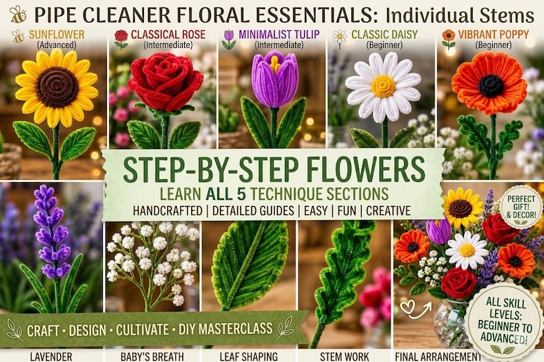 May include: A colorful image showcasing pipe cleaner floral arrangements. Featured are individual stems of a sunflower, rose, tulip, daisy, and poppy. The image also highlights step-by-step flower tutorials, including lavender, baby's breath, and leaf shaping.
