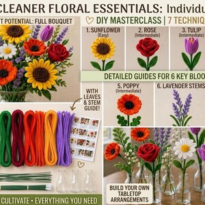 May include: A craft kit for making pipe cleaner flowers. The kit includes pipe cleaners in various colors, floral wire, and instructions. The image shows a finished bouquet and examples of individual flower styles, including sunflowers, roses, and daisies. Text on the image reads "CRAFT CREATE CULTIVATE EVERYTHING YOU NEED."