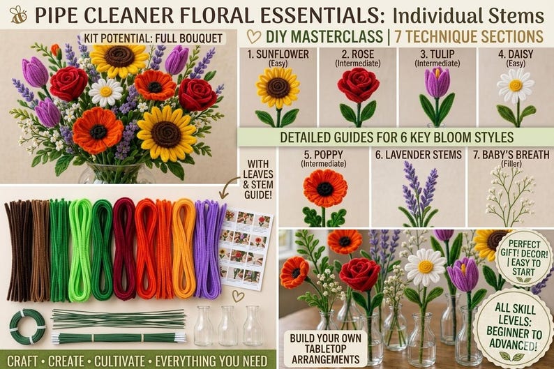 May include: A craft kit for making pipe cleaner flowers. The kit includes pipe cleaners in various colors, floral wire, and instructions. The image shows a finished bouquet and examples of individual flower styles, including sunflowers, roses, and daisies. Text on the image reads "CRAFT CREATE CULTIVATE EVERYTHING YOU NEED."