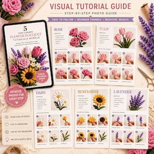 May include: A visual tutorial guide for creating five pipe cleaner flower bouquets. The bundle includes step-by-step photo instructions for crafting roses, tulips, daisies, sunflowers, and lavender, featuring material lists and numbered assembly steps.