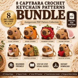 May include: A digital PDF bundle featuring 8 crochet capybara keychain patterns. The collection includes a classic, orange, strawberry, sleeping, baby, backpack, winter, and valentine capybara. Each design is shown with a metal keychain ring.