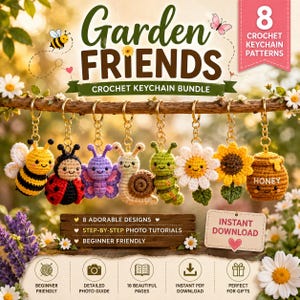 Crochet Keychain Pattern Bundle | 8 Garden Friends Amigurumi PDF Patterns | Bee, Ladybug, Butterfly, Daisy & Sunflower | Instant Download