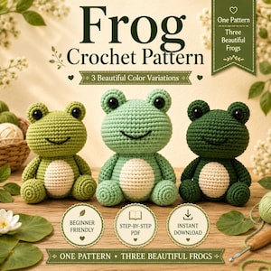 May include: A digital crochet pattern guide titled Frog Crochet Pattern, featuring three crocheted frogs in light green, mint, and dark green with cream bellies. The text includes One Pattern Three Beautiful Frogs, Beginner Friendly, and Step-By-Step PDF.
