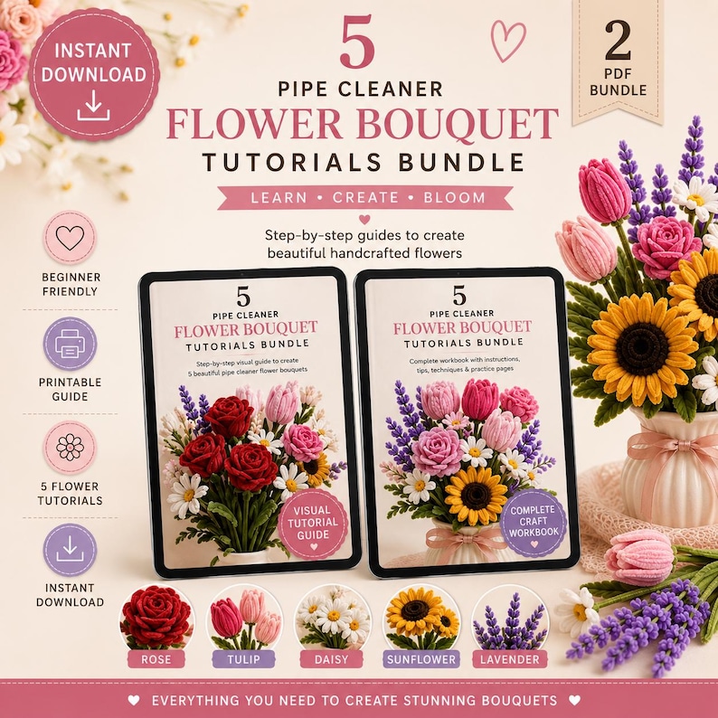 Pipe Cleaner Flower Bouquet Tutorials Bundle | 5 DIY Rose, Tulip, Daisy, Sunflower & Lavender Flowers | Visual Guide + Craft Workbook PDF image 8