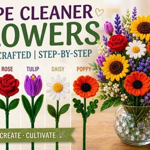 Op de afbeelding: Een kleurrijk boeket van pijpenragerbloemen in een heldere glazen vaas. Het arrangement bevat zonnebloemen, rozen, tulpen, madeliefjes en klaprozen. De afbeelding toont ook voorbeelden van individuele pijpenragerbloemen.