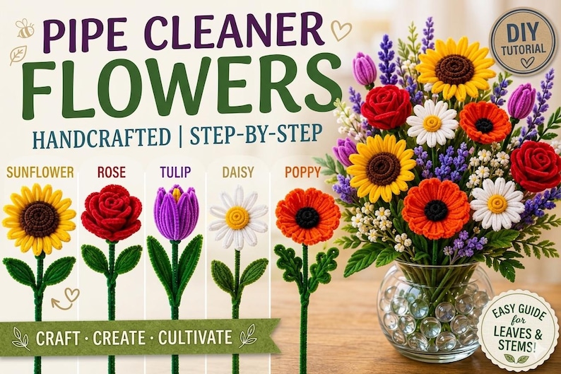May include: A colorful bouquet of pipe cleaner flowers in a clear glass vase. The arrangement includes sunflowers, roses, tulips, daisies, and poppies. The image also shows individual pipe cleaner flower examples and text that reads "Pipe Cleaner Flowers, Handcrafted, Step-by-Step."
