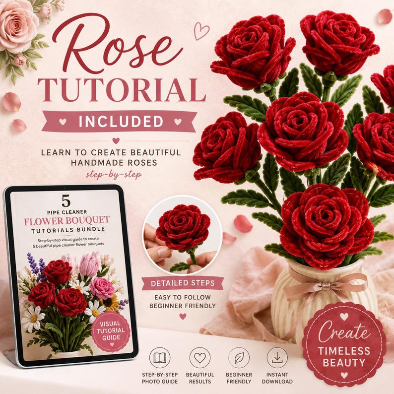 Pipe Cleaner Flower Bouquet Tutorials Bundle | 5 DIY Rose, Tulip, Daisy, Sunflower & Lavender Flowers | Visual Guide + Craft Workbook PDF image 6