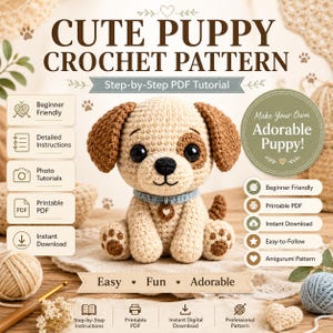 Gehaakt amigurumi-patroon puppy | Zelfstudie honden voor beginners (pdf-download)