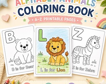 Alphabet Malbuch ABC Tier Malseiten Druckbare PDF Vorschule Kindergarten Homeschool Kleinkind Lernaktivität Sofort-Download
