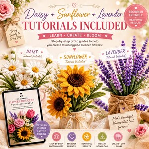 Pipe Cleaner Flower Bouquet Tutorials Bundle | 5 DIY Rose, Tulip, Daisy, Sunflower & Lavender Flowers | Visual Guide + Craft Workbook PDF image 10