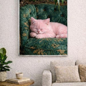 Pink Kitten Sleeping on Vintage Green Sofa Art Print (Digital Download)