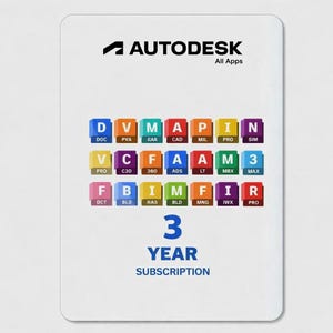 Può includere: Una scheda rettangolare bianca con il logo nero Autodesk All Apps in alto. Sotto ci sono tre file di icone quadrate colorate con lettere e abbreviazioni. In basso, il testo riporta 3 YEAR SUBSCRIPTION in lettere maiuscole blu.