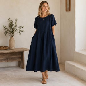 Abito lungo ampio da donna, abito estivo a maniche corte con scollo rotondo, abito comodo per le vacanze.