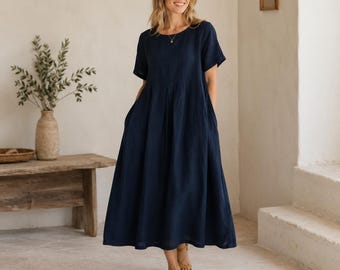 Losse maxi-jurk voor dames, zomerjurk met korte mouwen en ronde hals, comfortabele vakantiejurk