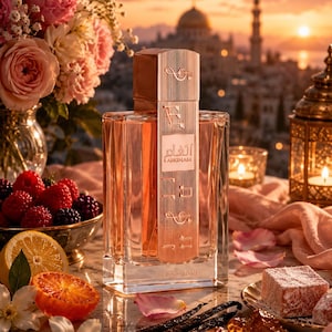May include: A rectangular perfume bottle with a rose gold cap and a clear glass body. The bottle is labeled with Arabic script. The image includes a bowl of berries, sliced citrus, vanilla beans, and flowers, with a city skyline in the background.
