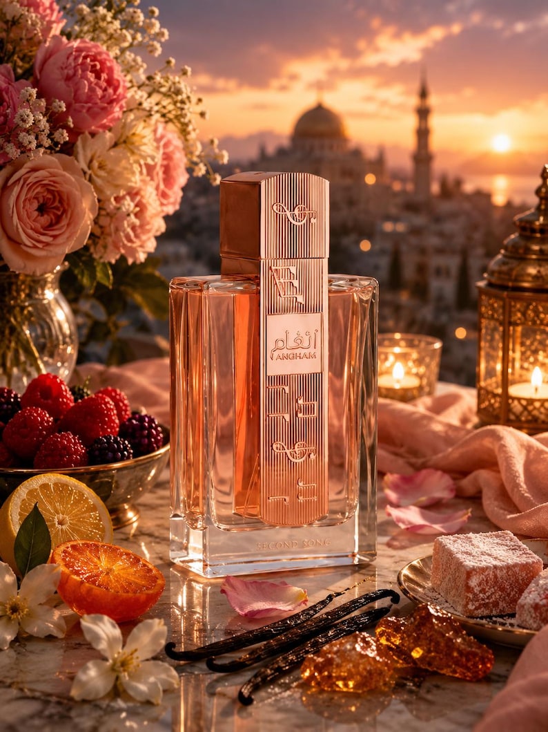 May include: A rectangular perfume bottle with a rose gold cap and a clear glass body. The bottle is labeled with Arabic script. The image includes a bowl of berries, sliced citrus, vanilla beans, and flowers, with a city skyline in the background.