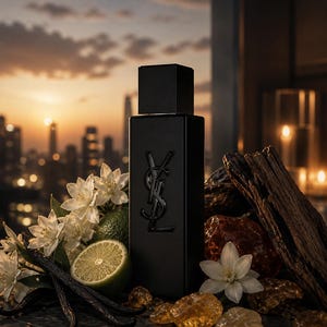 May include: A black rectangular perfume bottle with a black cap and a black logo. The bottle is surrounded by white flowers, a lime, vanilla beans, and amber-colored stones. The background shows a cityscape at sunset.