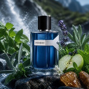 Könnte beinhalten: Ein blaues, rechteckiges Parfümfläschchen mit schwarzem Deckel und silbernen Akzenten, vor einem natürlichen Hintergrund aus Felsen, Grün und einem Wasserfall. Auf der Flasche steht "Yves Saint Laurent".