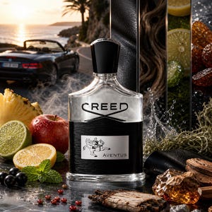 Puede incluir: Un frasco de perfume con tapón negro y etiqueta plateada que dice "CREED AVENTUS". El frasco está rodeado de fruta fresca, incluyendo piña, limones y una manzana. Un coche descapotable negro está en el fondo.