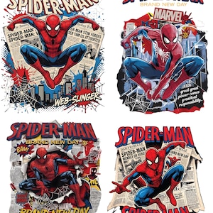 May include: Four graphic designs featuring Spider-Man in various action poses. Each design includes the text Spider-Man, Marvel, Daily Bugle, and Brand New Day, set against backgrounds of comic book newspaper clippings, city skylines, and spider webs.