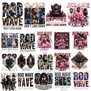 Puede incluir: Una colección de veinte diseños gráficos que presentan a Rod Wave con el texto Rod Wave y Don't Look Down. Las imágenes muestran varios retratos, escenas de conciertos y fotos de estudio del artista en diferentes paletas de colores.