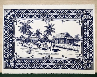 Lambahoany Madagascar Bleu - Blanc – Paréo 100% Coton – Tissu traditionnel malgache – Accessoire plage été bohème