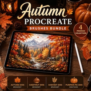 May include: A digital tablet displaying a landscape painting of a cabin by a stream surrounded by autumn trees and mountains. The screen shows the text Autumn PROCREATE BRUSHES BUNDLE and 4 PREMIUM COLLECTIONS. A white stylus rests nearby.
