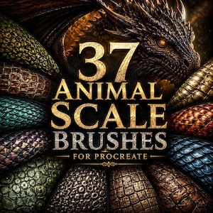 Op de afbeelding: Een digitale afbeelding met een drakenkop bovenaan en diverse getextureerde dierenschubben in tinten groen, blauw, bruin en paars in een cirkelvormig patroon. De tekst luidt 37 ANIMAL SCALE BRUSHES FOR PROCREATE in goud.
