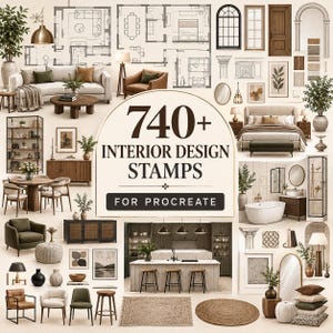 May include: A digital collection of 740+ interior design stamps for Procreate, featuring a wide array of furniture, architectural elements, floor plans, and home decor items displayed in a grid layout with the text 740+ INTERIOR DESIGN STAMPS FOR PROCREATE.