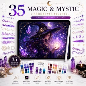 May include: A digital art set featuring 35 Magic & Mystic Procreate brushes and matching color swatches. The display shows a tablet screen with a witch illustration, surrounded by brush stroke samples, color palettes, and icons for download.