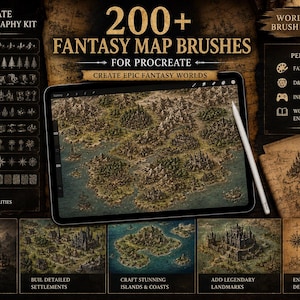 May include: A digital product display for a Procreate cartography kit featuring 200+ fantasy map brushes. The image shows a tablet screen with a detailed fantasy map, a stylus, and various panels showcasing brush categories like mountains, forests, and landmarks.