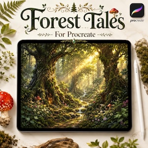 Könnte beinhalten: Ein Tablet mit einer digitalen Illustration eines sonnendurchfluteten Waldes mit großen Bäumen, einem Bach und Pilzen. Der Text "Forest Tales For Procreate" steht über dem Bildschirm, ergänzt durch ein Procreate-Logo und einen weißen Stift.