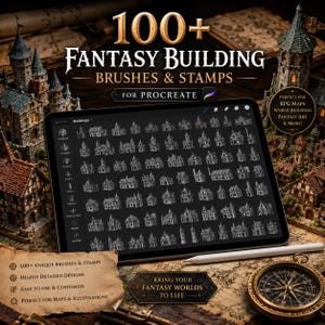 May include: A digital tablet displaying a Procreate interface with a collection of over 100 fantasy building brushes and stamps. The screen shows various architectural sketches of castles, towers, and houses in white on a black background.