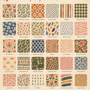 K&ouml;nnte beinhalten: Ein digitales Referenzblatt mit dem Titel HANDMADE PATTERN BRUSHES For Procreate, das sechsunddrei&szlig;ig quadratische Muster mit verschiedenen Texturen und Designs zeigt, darunter Blumen, Geometrie, Streifen, Karos, Leopardenmuster sowie Sonne und Mond.
