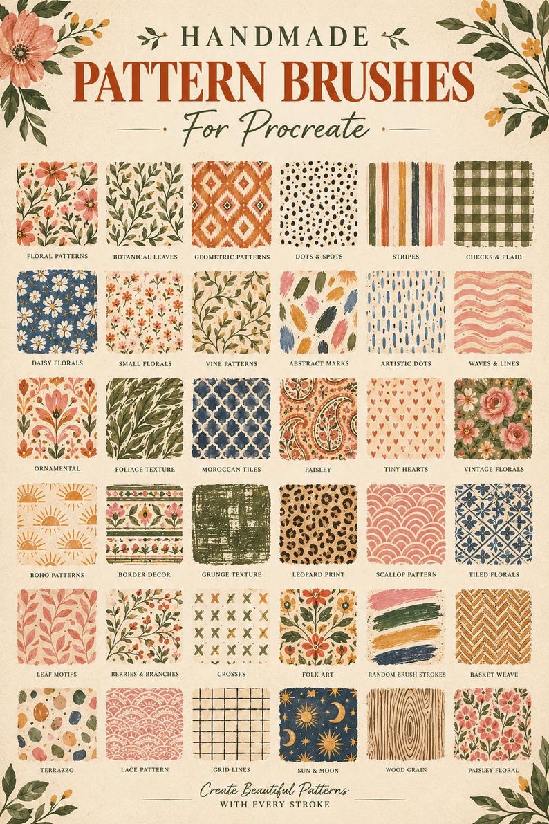 K&ouml;nnte beinhalten: Ein digitales Referenzblatt mit dem Titel HANDMADE PATTERN BRUSHES For Procreate, das sechsunddrei&szlig;ig quadratische Muster mit verschiedenen Texturen und Designs zeigt, darunter Blumen, Geometrie, Streifen, Karos, Leopardenmuster sowie Sonne und Mond.