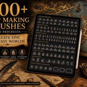 May include: A digital tablet displaying a collection of 500+ map making brushes for Procreate, featuring categories like mountains, forests, settlements, ships, and sea creatures, with text overlays detailing the brush sets and design tools.