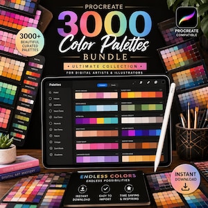 May include: A digital bundle of 3000 Procreate color palettes featuring a tablet screen displaying various color swatches, a stylus, and printed reference cards. The text reads 3000 Color Palettes Bundle, Ultimate Collection, and Endless Colors.