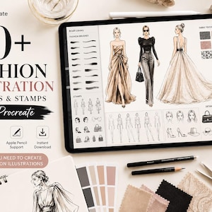 Op de afbeelding: Een digitale tablet met een Procreate-interface met meer dan 40 mode-illustratiepenselen en stempels. Het scherm toont schetsen van drie figuren in jurken en broeken, naast diverse modeaccessoires, stoftexturen en voorbeelden van penseelstreken.