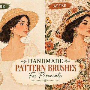 K&ouml;nnte beinhalten: Eine digitale Illustration, die einen Vorher-Nachher-Vergleich einer Frau mit Hut und Kleid zeigt. Die Nachher-Version zeigt ein Blumenmuster auf Hut und Kleid. Der Text lautet: HANDMADE PATTERN BRUSHES For Procreate.