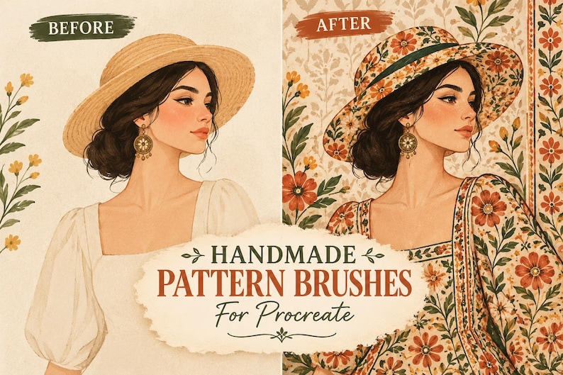 K&ouml;nnte beinhalten: Eine digitale Illustration, die einen Vorher-Nachher-Vergleich einer Frau mit Hut und Kleid zeigt. Die Nachher-Version zeigt ein Blumenmuster auf Hut und Kleid. Der Text lautet: HANDMADE PATTERN BRUSHES For Procreate.