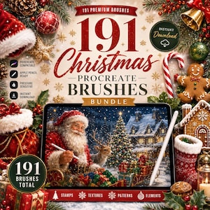 May include: A digital bundle of 191 Christmas Procreate brushes featuring a tablet displaying Santa Claus with a reindeer and a snowy village. The graphic includes text reading 191 Christmas Procreate Brushes Bundle, Instant Download, and 191 Brushes Total.